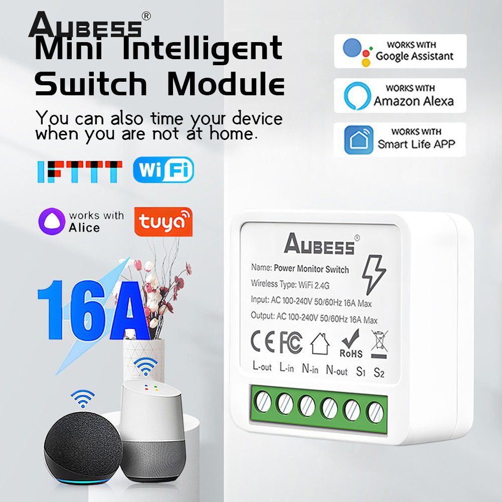 Mô-đun công tắc giám sát năng lượng AUBESS Tuya Wifi Mini 16a hẹn giờ/chỉnh 2 chiều không dây tự động hóa nhà thông minh