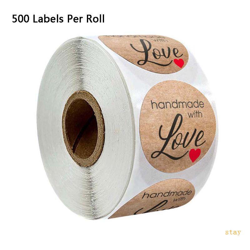 Cuộn 500 Nhãn Dán Giấy Kraft In Chữ Handmade with Love Và Trái Tim Dùng Trang Trí Sổ Tay