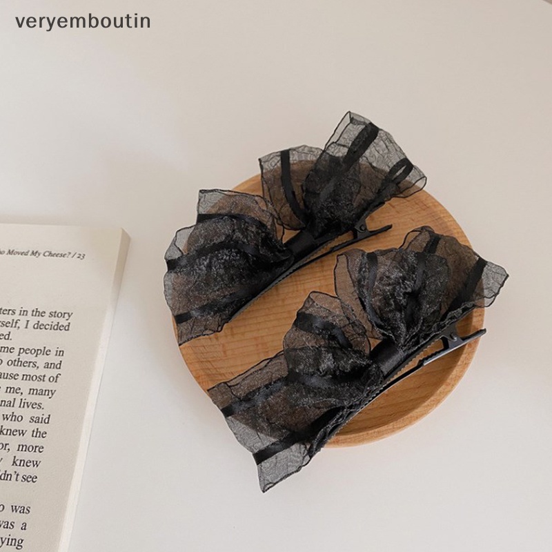 Bộ 2 Kẹp Tóc Hình Nơ Phối Ren Màu Be / Đen Xinh Xắn Thời Trang Dự Tiệc Cho Bạn Gái