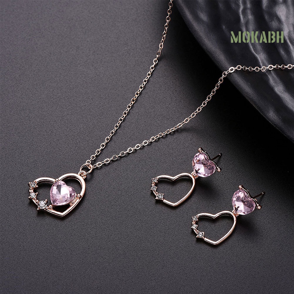 Bộ Vòng cổ + Bông Tai Hình Trái Tim Rỗng Đính Đá Cho Nữ