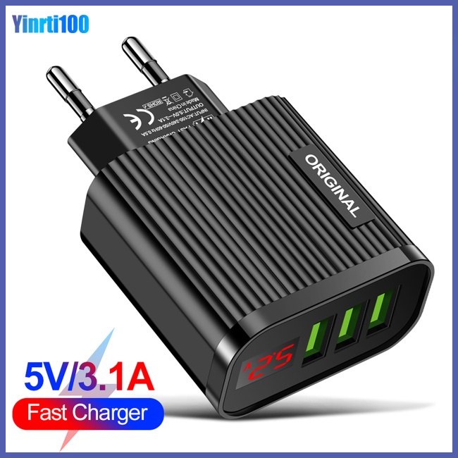 Củ Sạc Nhanh Yinrti 3 Cổng Usb 5V / 3.1A Có Màn Hình Kỹ Thuật Số Cho Điện Thoại