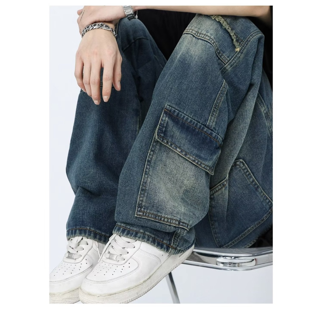 Quần Jean Dài Dáng Rộng Phối Nhiều Túi Phong Cách Retro