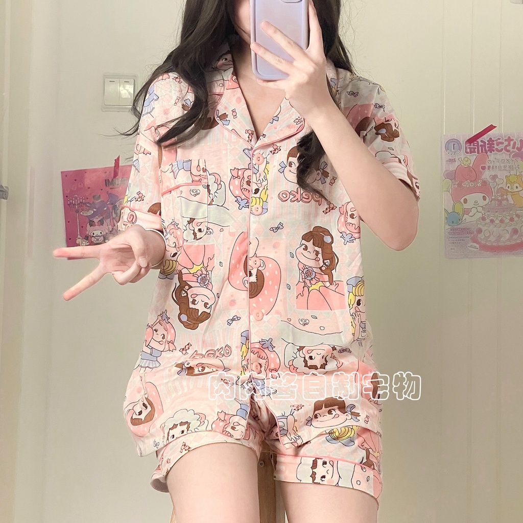 Bộ Đồ Ngủ Tay Ngắn Chất Cotton Họa Tiết Hoạt Hình Phong Cách Nhật Bản Thời Trang Mùa Hè Xinh Xắn Cho Nữ