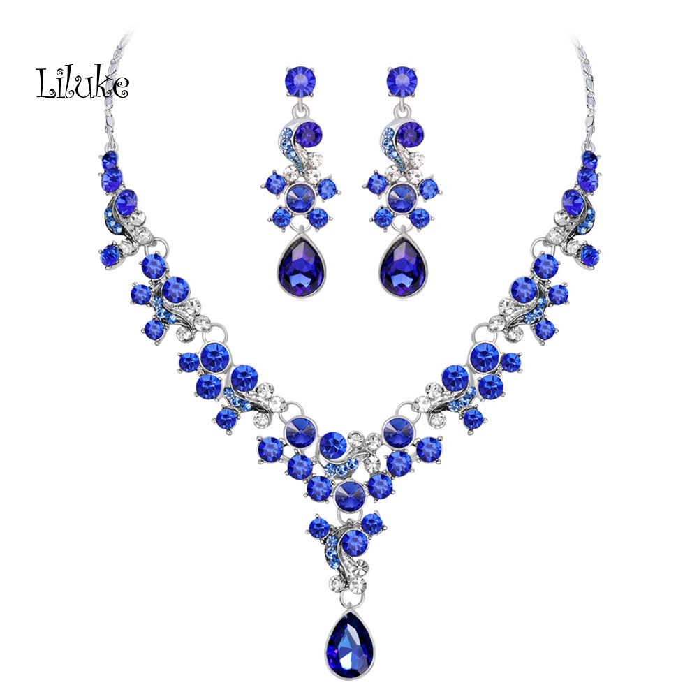 Bộ Vòng cổ + Đôi Khuyên Tai Đính Đá Nhân Tạo Thiết Kế Sang Trọng Phối Hoa Nhân