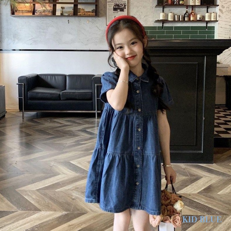 Đầm Denim Mỏng Cổ Bẻ Thời Trang Mùa Hè Phong Cách Hàn Quốc Cho Bé Gái