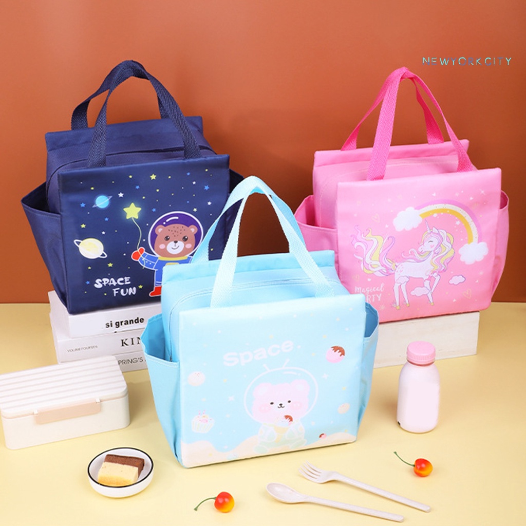 Túi Đựng Cơm Trưa Giữ Nhiệt Dung Tích Lớn Bằng Vải Oxford Họa Tiết Hoạt Hình Có Khóa Kéo