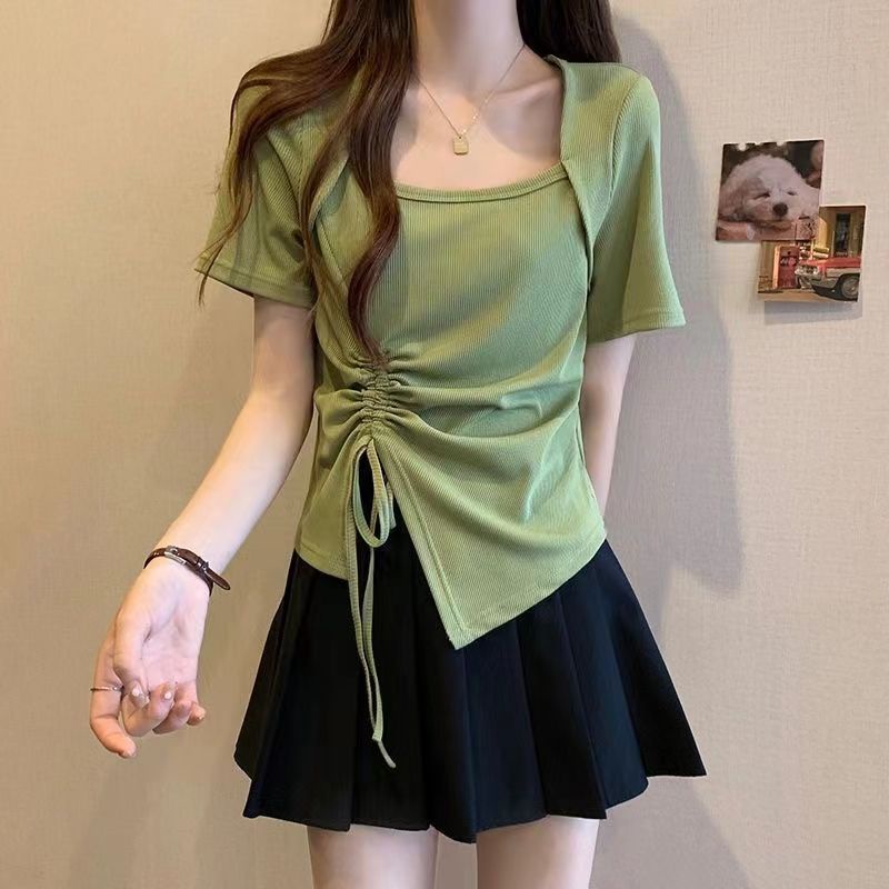 Áo Thun Tay Ngắn Cổ Vuông Thiết Kế Không Đồng Đều Phong Cách Mới Mùa Hè Cho Nữ