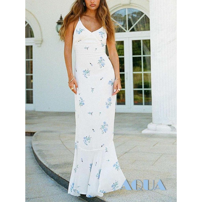 Đầm Dài Không Tay Cổ Chữ V Họa Tiết Hoa Hở Lưng Thời Trang Mùa Hè Cho Nữ