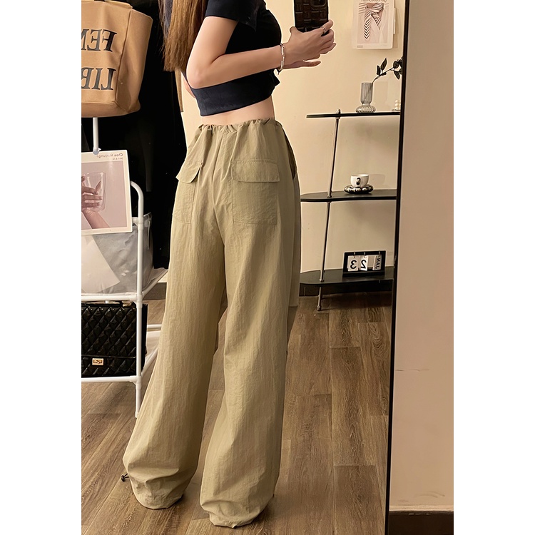 SUXI Quần ống rộng Lưng Cao Phối Dây Rút Thời Trang Mùa Hè Phong Cách Vintage