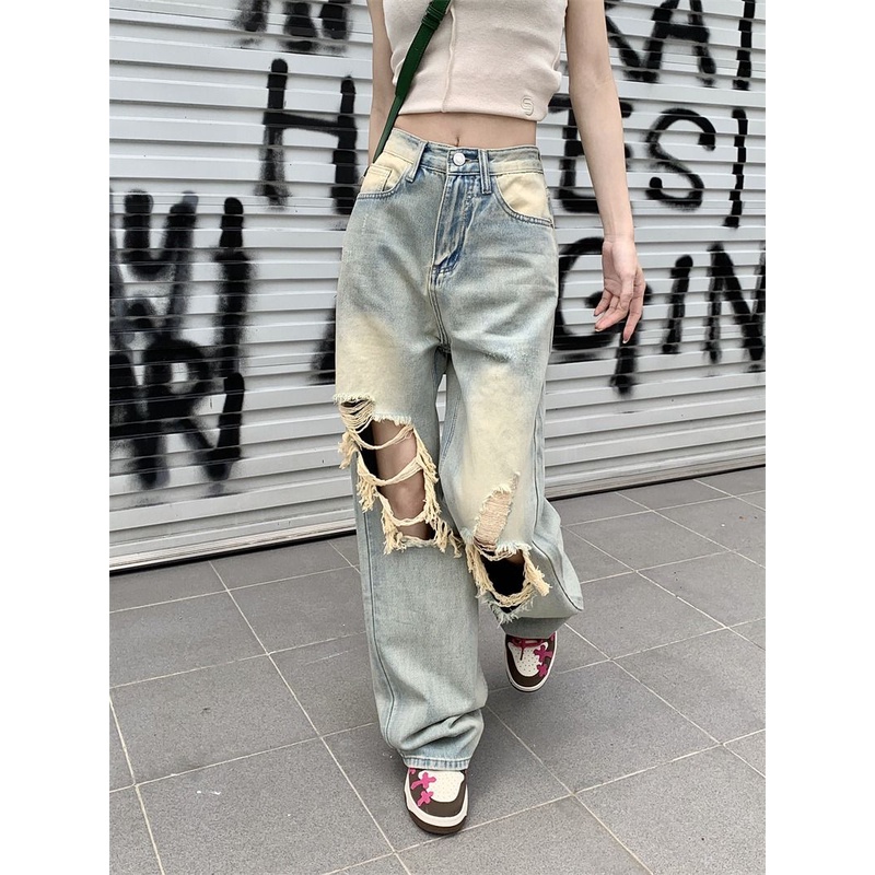 Quần Jean Rách Ống Rộng Lưng Cao Thời Trang Mùa Hè Phong Cách Mỹ Cổ Điển Kiểu Mới Dành Cho Bạn Nữ