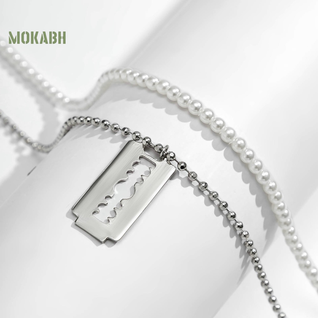 [Mok Abh] Vòng cổ Hai Lớp Đính Ngọc Trai Nhân Tạo Hình Học Có Thể Điều Chỉnh Thời Trang Dành Cho Nam