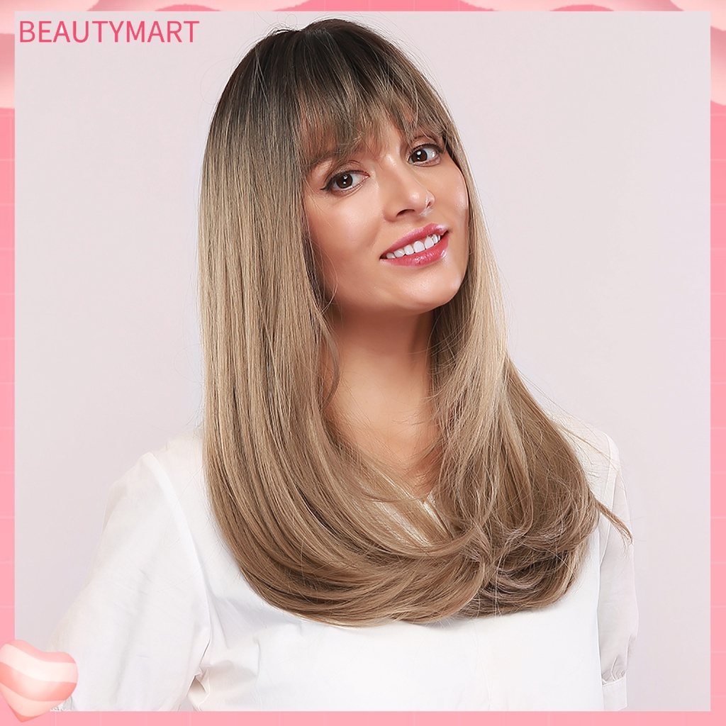 Bộ Tóc Giả Dài Mái Bằng Sợi Tổng Hợp Màu Vàng Nâu Thời Trang Dành Cho Nữ