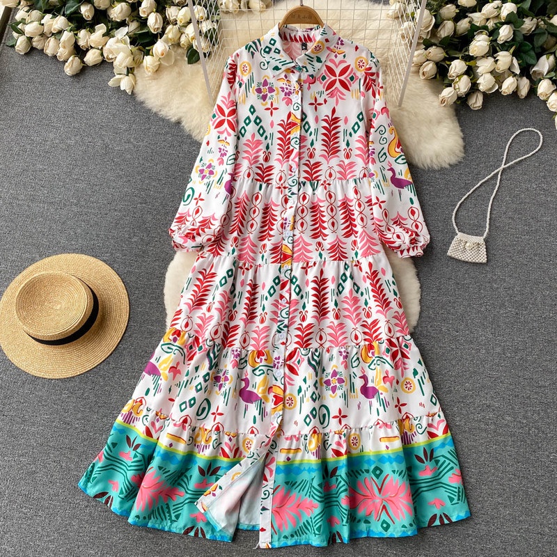 Đầm Tay Phồng Dài Qua Gối Cổ Tròn Họa Tiết Hoa Phong Cách Âu Mỹ Hàn Quốc Thời Trang Mùa Xuân Cho Nữ
