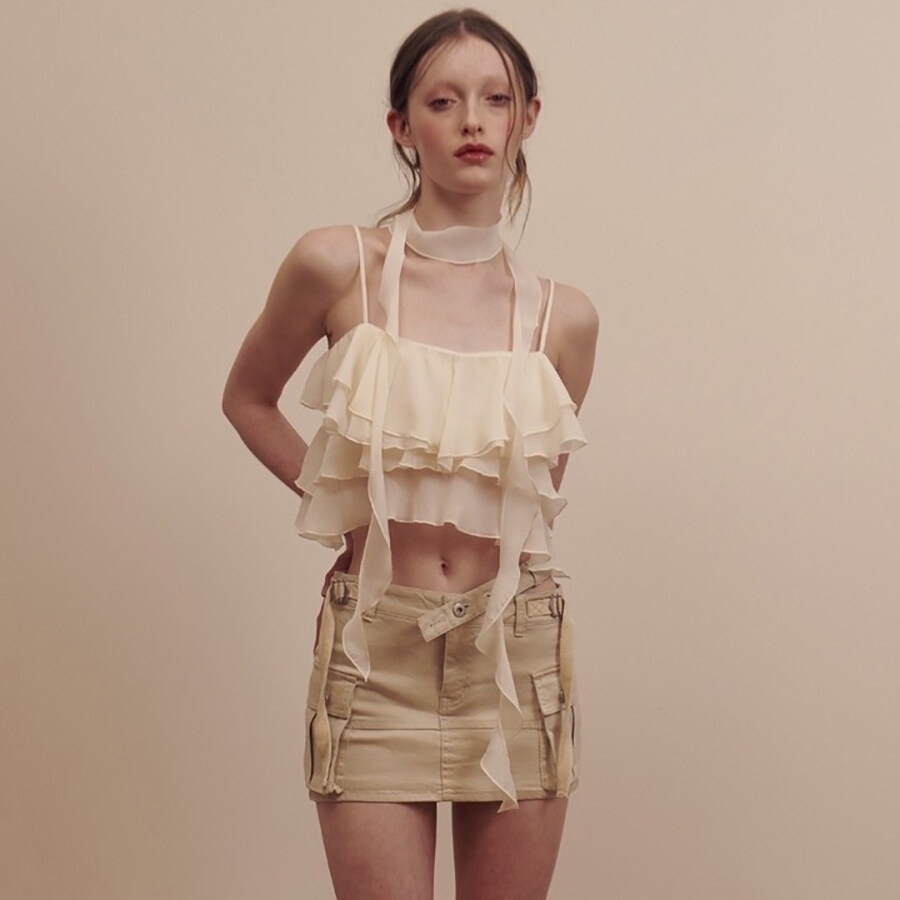 Kliou Áo Hai Dây Mùa Hè 2023 Viền Xếp Nếp Màu Trơn Đơn Giản Thời Trang Cho Nữ