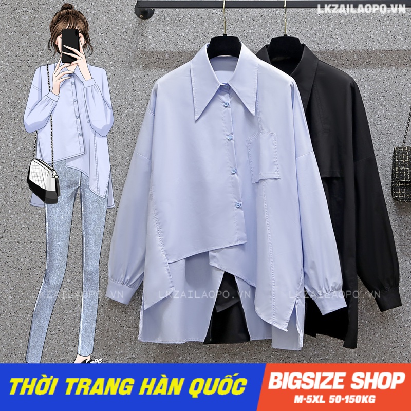 Áo sơ mi nữ tay dài Bigsize Áo sơ mi công sở basic form rộng có cổ đen mùa xuân Phong cách Hàn Quốc Thời Trang đẹp