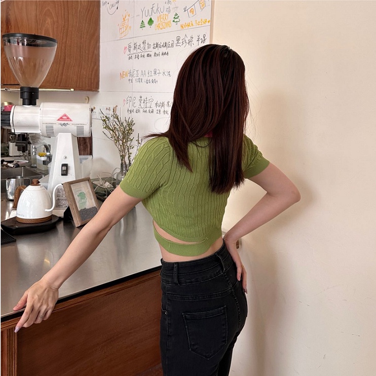 Nzn Áo Thun polo Dệt Kim Tay Ngắn Dáng Ôm Màu Tương Phản vintage Hàn Quốc Cho Nữ