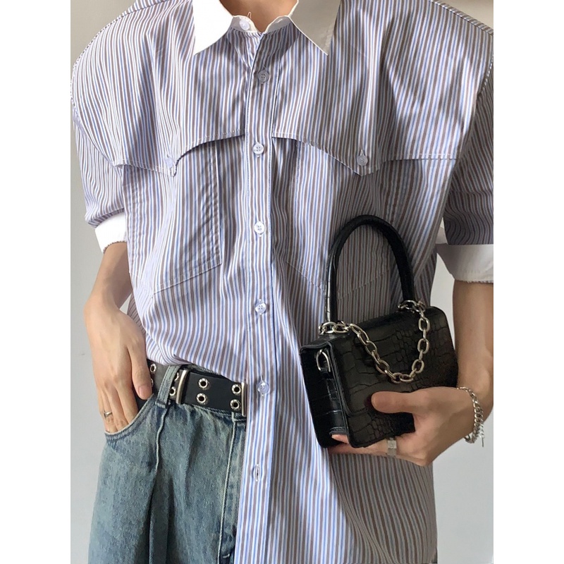 Áo Sơ Mi Tay Lửng Dáng Rộng Họa Tiết Kẻ Sọc Phong Cách Retro Nhật Bản Dành Cho Nam