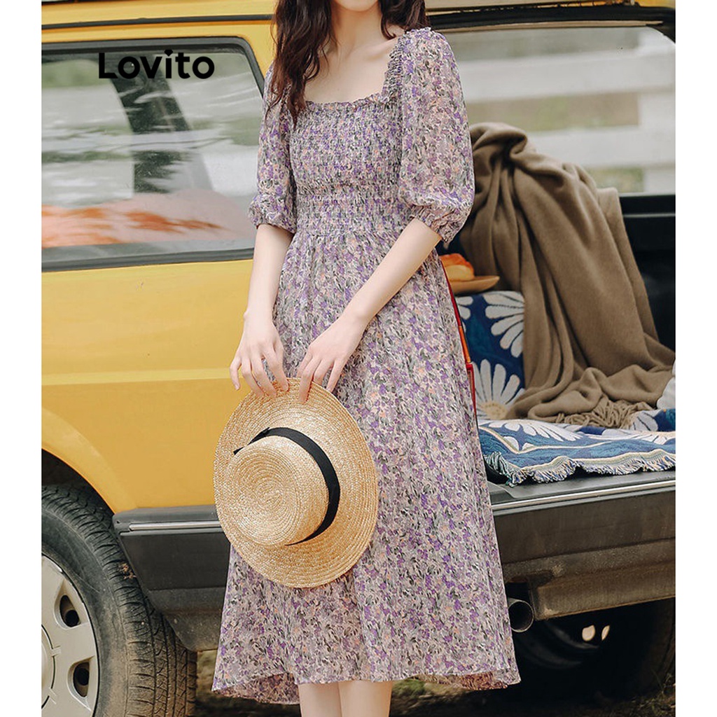 Lovito Váy midi chữ A có tay 3/4 thêu hoa phong cách Boho cho nữ LNE09090 (Nhiều Màu)