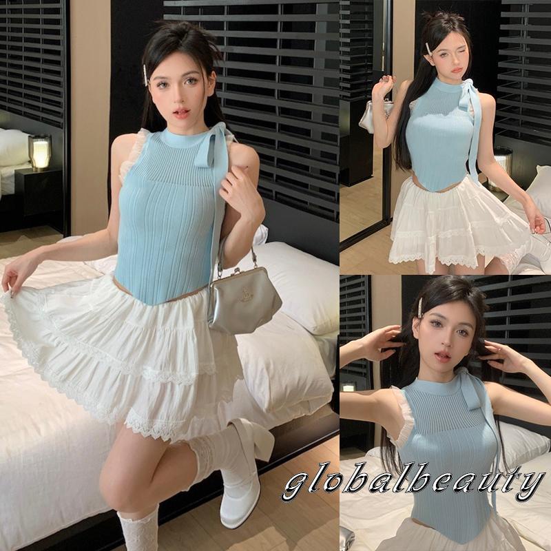 Áo Croptop Dệt Kim Không Tay Thắt Nơ Thời Trang Mùa Hè Dành Cho Nữ