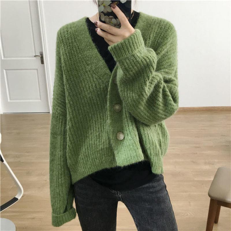 Áo Khoác Cardigan Dệt Kim Tay Dài Dáng Rộng Cổ Chữ V Thiết Kế Mới Thời