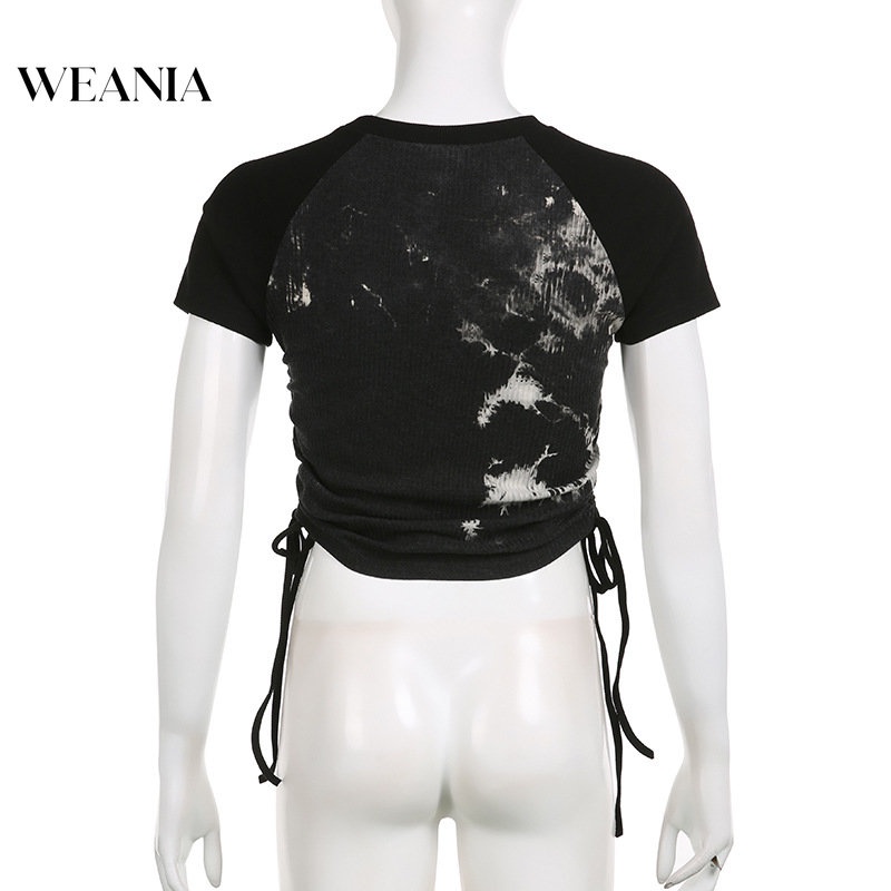 Áo Croptop Tay Ngắn Phối Dây Rút In Họa Tiết Kiểu Vintage Mỹ Xinh Xắn Cho Nữ