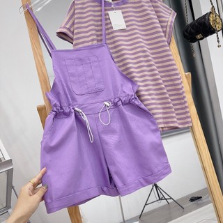 Set Bộ Yếm Quần Nữ Quần Yếm Nữ Rút Dây Eo Mãu Tím Mix Áo Phông Kẻ Ngang Cùng Tone Freesize