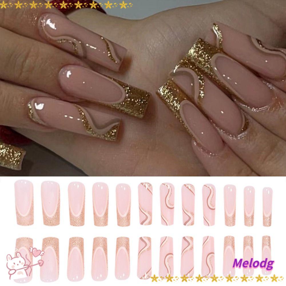 MELODG Bộ 24 Móng Tay Giả Dài Tháo Rời Được Kiểu Pháp