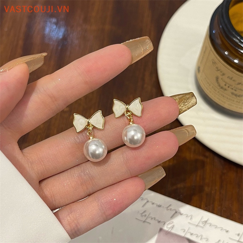 Bông Tai Hình Nơ Đính Ngọc Trai Đơn Giản Thời Trang Cho Nữ