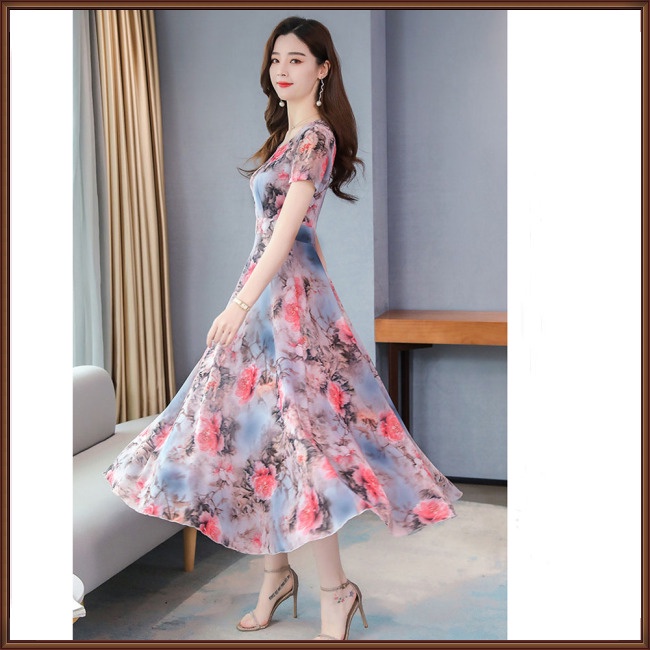 Đầm Công Chúa Dáng Chữ A Tay Ngắn Cổ Chữ V Bằng Lụa Mát In Họa Tiết Hoa