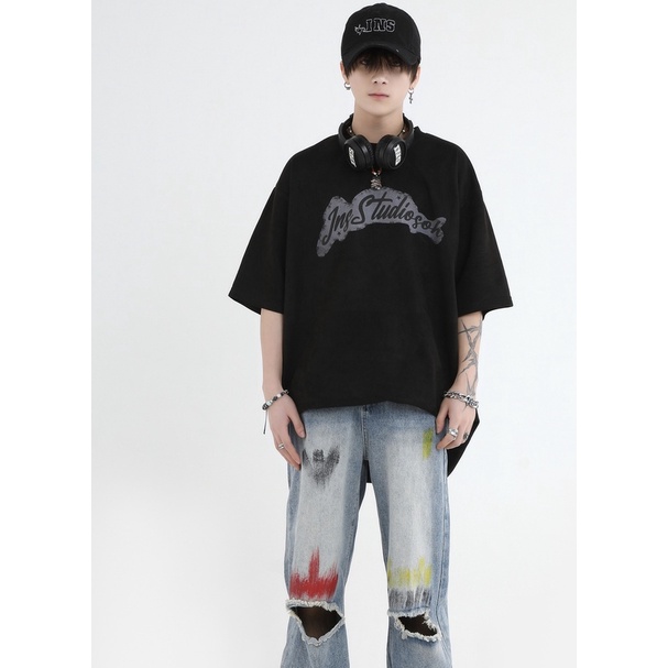 Insstudios Quần Jean Ống Rộng Thẳng Sơn Màu Vẽ Tay Phong Cách Đường Phố Mỹ Cho Cặp Đôi