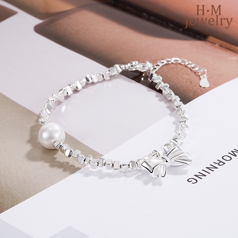 Vòng Tay Mạ Bạc 925 Hình Nơ Đính Ngọc Trai Đơn Giản Dễ Phối Đồ