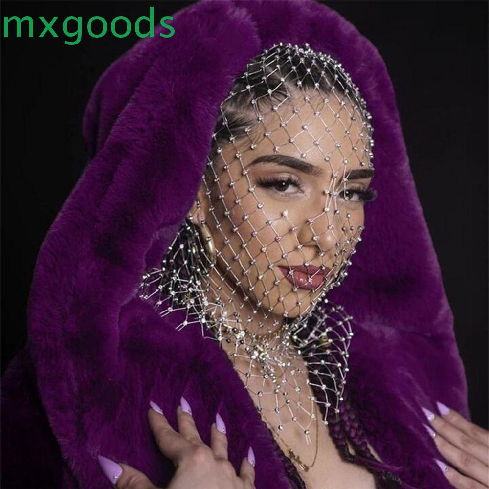 MXGOODS Khăn Trùm Đầu Che Mặt Vải Lưới Co Giãn Đính Đá Sang Trọng Cho Cô Dâu