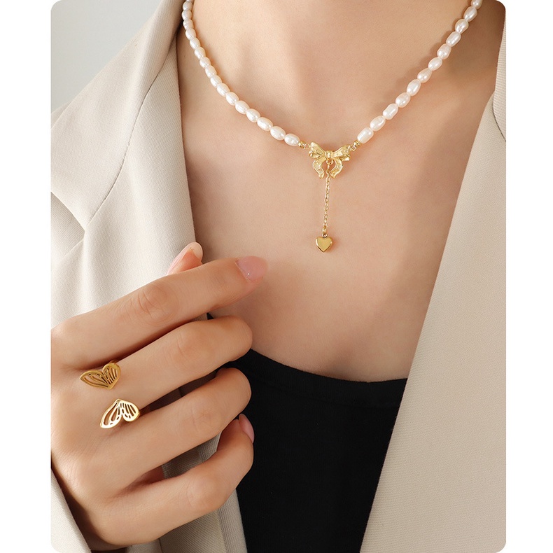 Vòng cổ Ngọc Trai Mặt Nơ Tua Rua Trái Tim Thời Trang Cao Cấp Phong Cách Pháp