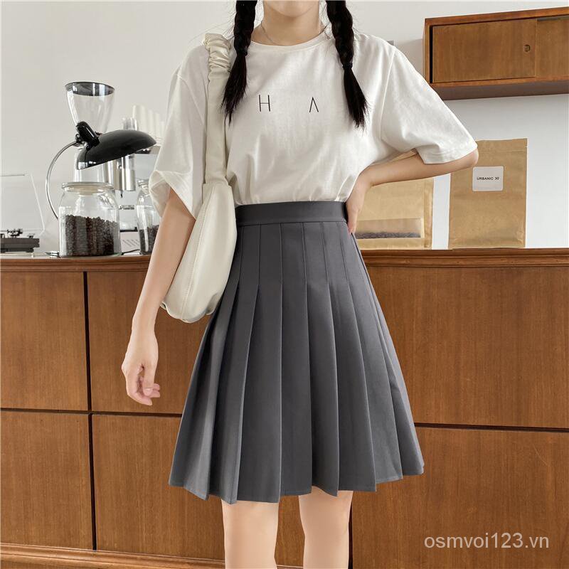 Hàng Có Sẵn Chân Váy Chữ a Dáng Dài Lưng Cao Xếp Ly Màu Đen / Xám Cỡ Lớn Phong Cách Preppy Thời Trang Xuân Hè Cho Nữ