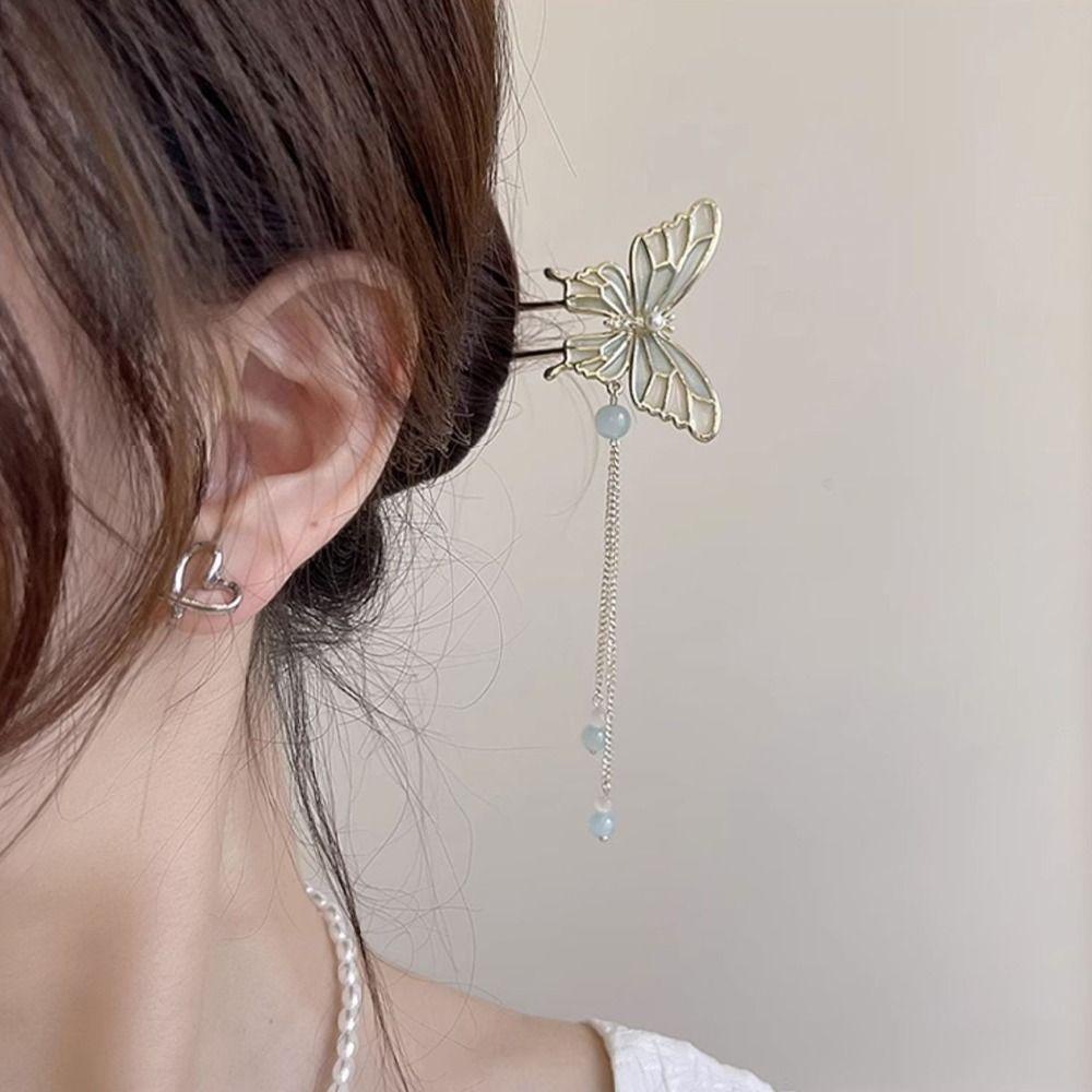 OCEANMAP Trâm Cài Tóc Hình Bướm Bằng Kim Loại Đính Hạt Và Tua Rua Phong Cách Trung Hoa Cổ Điển Cho Nữ