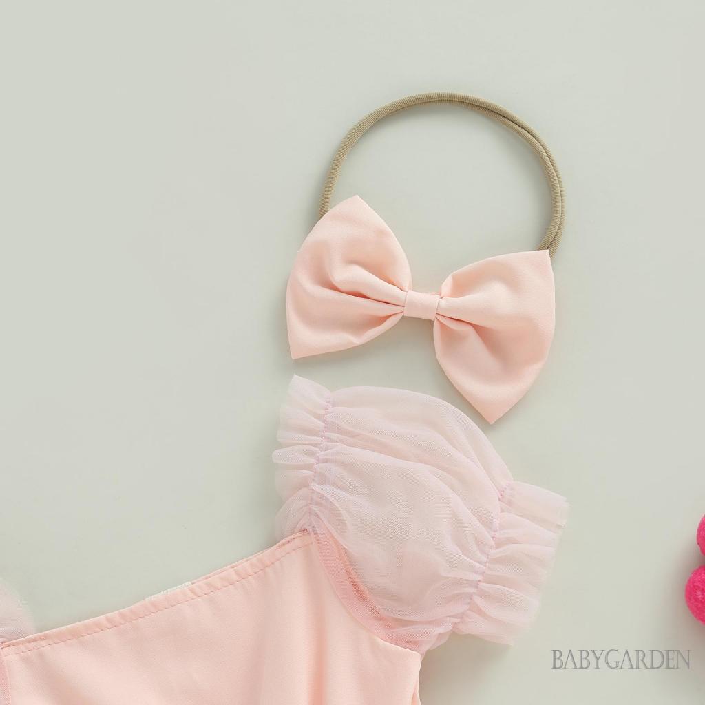 Bộ Áo Liền Quần Tay Phồng In Họa Tiết Bươm Bướm Kèm Băng Đô Dành Cho Bé Gái