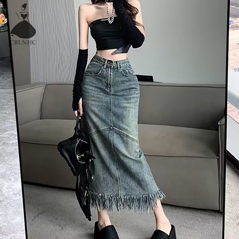 Chân Váy Jean Dài Dáng Chữ A Lưng Cao Phối Tua Rua Thời Trang Mùa Hè 2023 Phong Cách Vintage Y2k