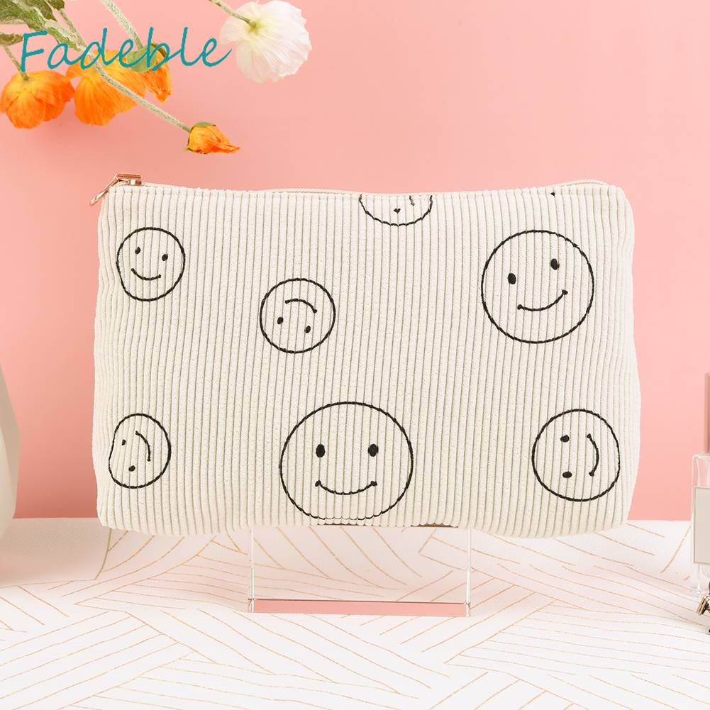 Túi Đựng Mỹ Phẩm Hai Mặt Bằng Vải Nhung Kẻ Dễ Thương Xinh Xắn