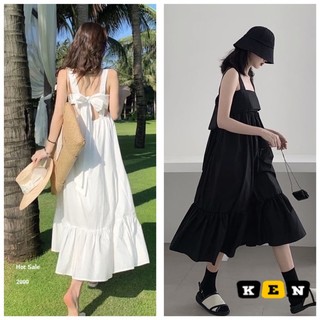 Váy 2 dây Thắt Nơ Lưng Đi Biển Cực Xinh, Váy 2 Dây Nữ 2 Màu Đen Trắng BY JOLIE lan..shop