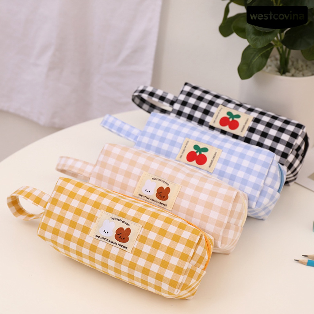 [WSTN] [WSTN]✎Túi Đựng Bút Chì Kẻ Sọc Caro Có Quai Cầm Và Khóa Kéo Dễ Thương Cho Bé
