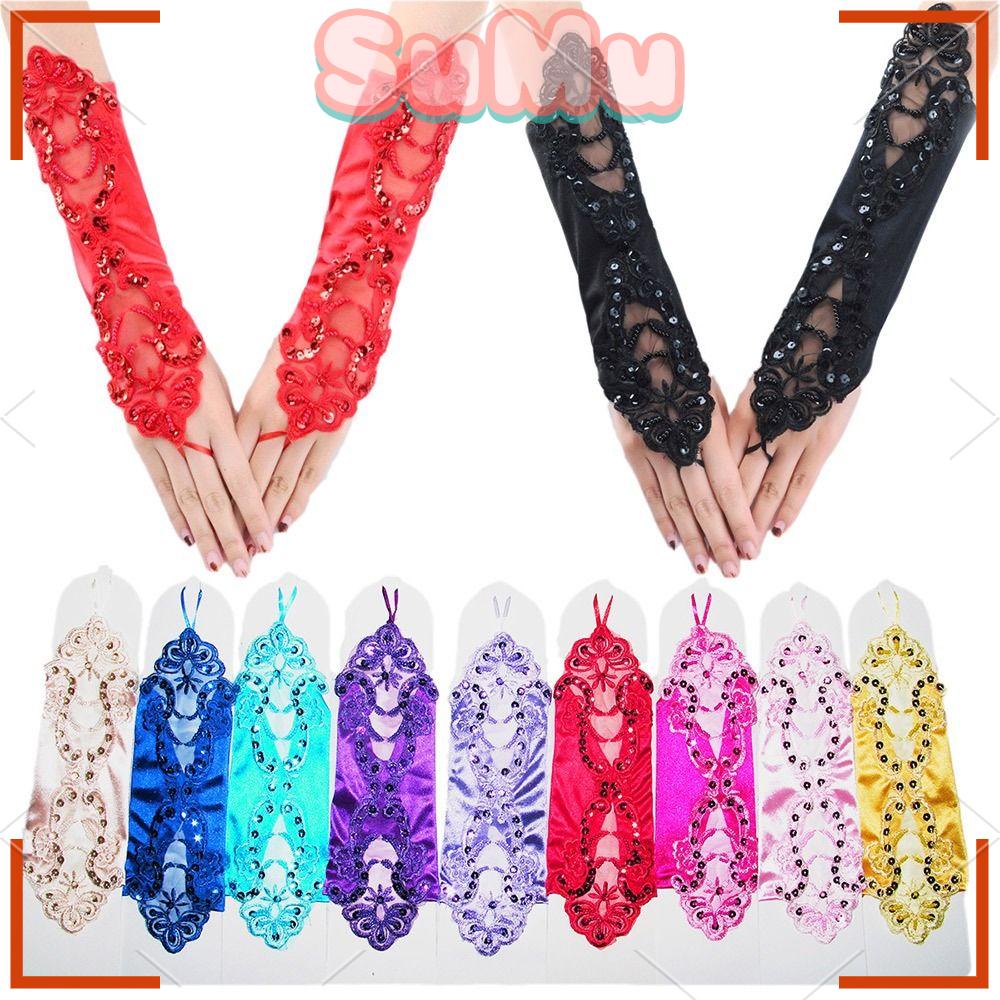 SUMU Găng Tay Satin Dài Màu Sắc Đỏ Đính Kim Sa Lấp Lánh Cho Cô Dâu
