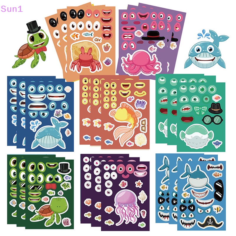 Set 1 &gt; 8 Miếng Dán Xếp Hình Mặt Động Vật Biển / Cá Mập / Bạch Tuộc Giáo Dục Sớm Cho Bé DIY