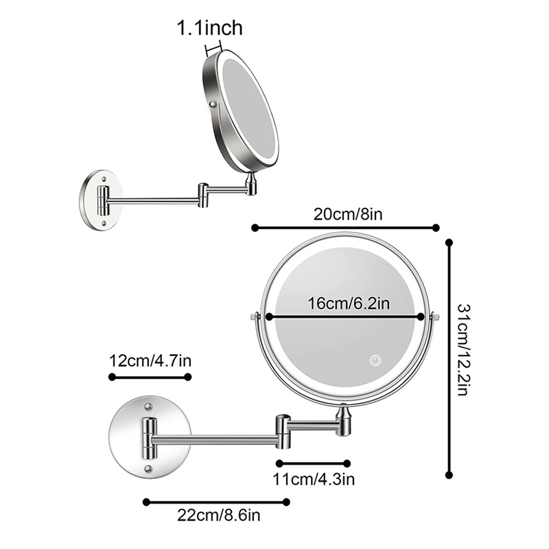 Gương Trang Điểm Hai Mặt Cảm Ứng 8In 1X / 10X Gắn Tường Có Đèn LED 3 Màu Tùy Chọn° Dây Đeo Có Thể Xoay Được Cho Bé