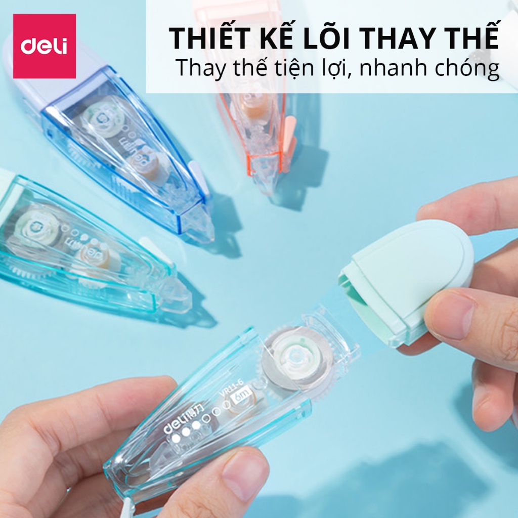 Bút xóa băng 6M cao cấp Deli - Xóa sạch phủ kín khô nhanh, có thể viết đè lên ngay - Băng kéo cho học sinh, văn phòng