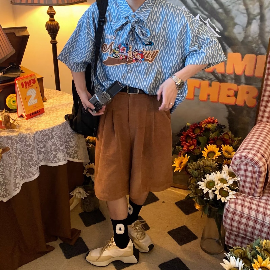 Áo Sơ Mi Tay Ngắn Kẻ Sọc Thêu Họa Tiết Phong Cách Retro Mỹ Thời Trang Mùa Hè Cho Nam Và Nữ