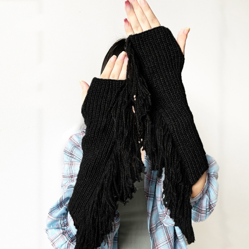 Găng Tay Dệt Kim Hở Ngón Co Giãn Giữ Ấm Mùa Đông Cho Thanh Thiếu Niên