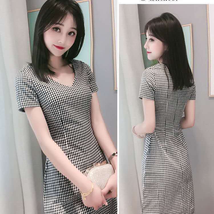 Đầm Ngắn Tay Cổ Chữ V Họa Tiết Ca Rô Thời Trang Dành Cho Nữ