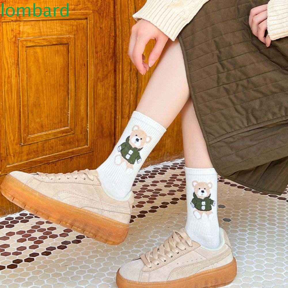 LOMBARD Vớ Cotton Harajuku Kawaii Bear Patten Phong Cách Đại Học Cho Nữ
