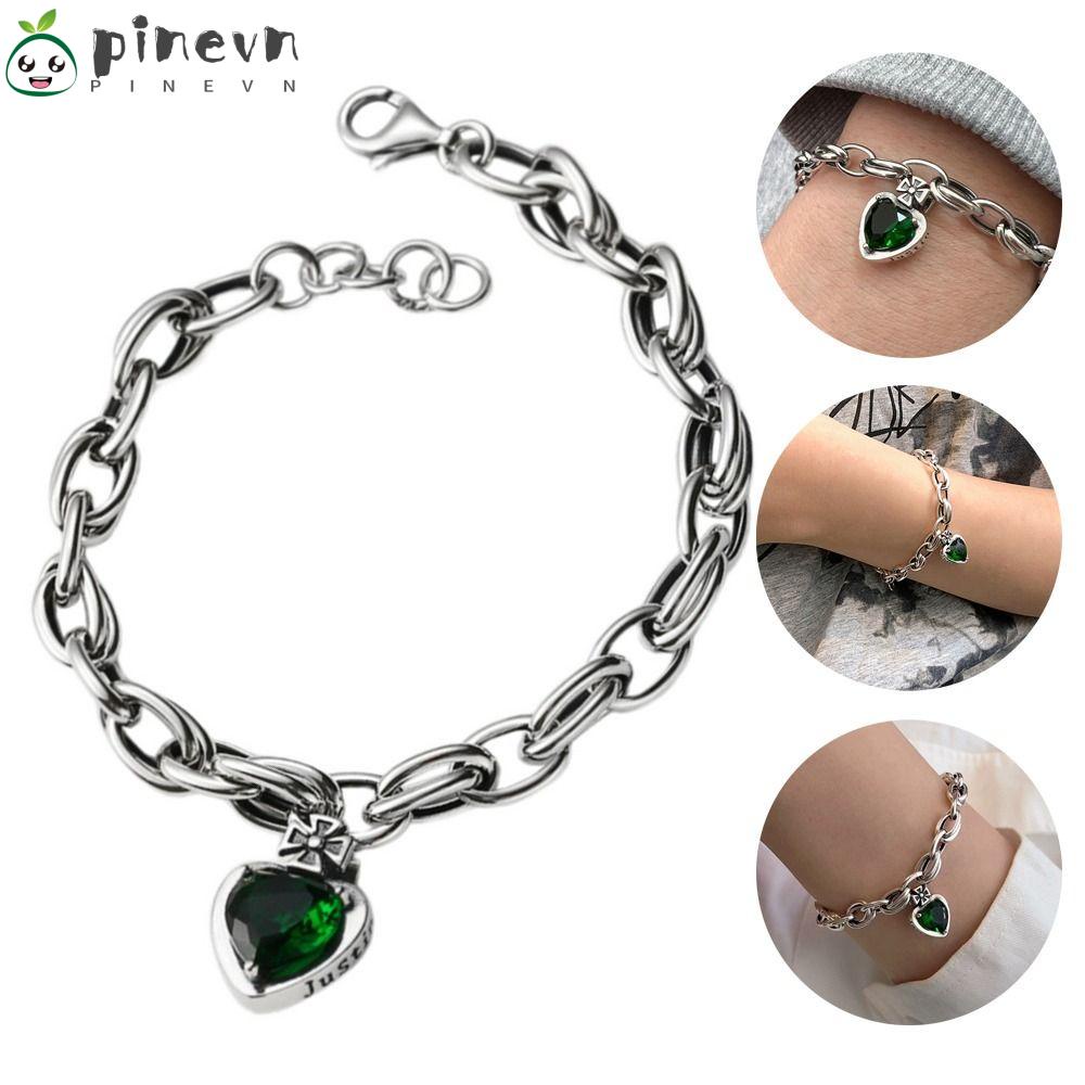 PINEVN Vòng Tay Đính Đá Zircon Xanh Lá Hình Trái Tim Sang Trọng Có Thể Điều Chỉnh Cho Nữ