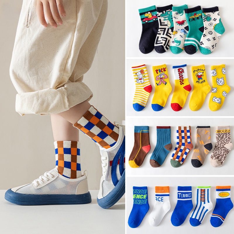 Set 5 Đôi Tất Cotton Dệt Kim Hoạ Tiết Hoạt Hình Xinh Xắn Dành Cho Bé